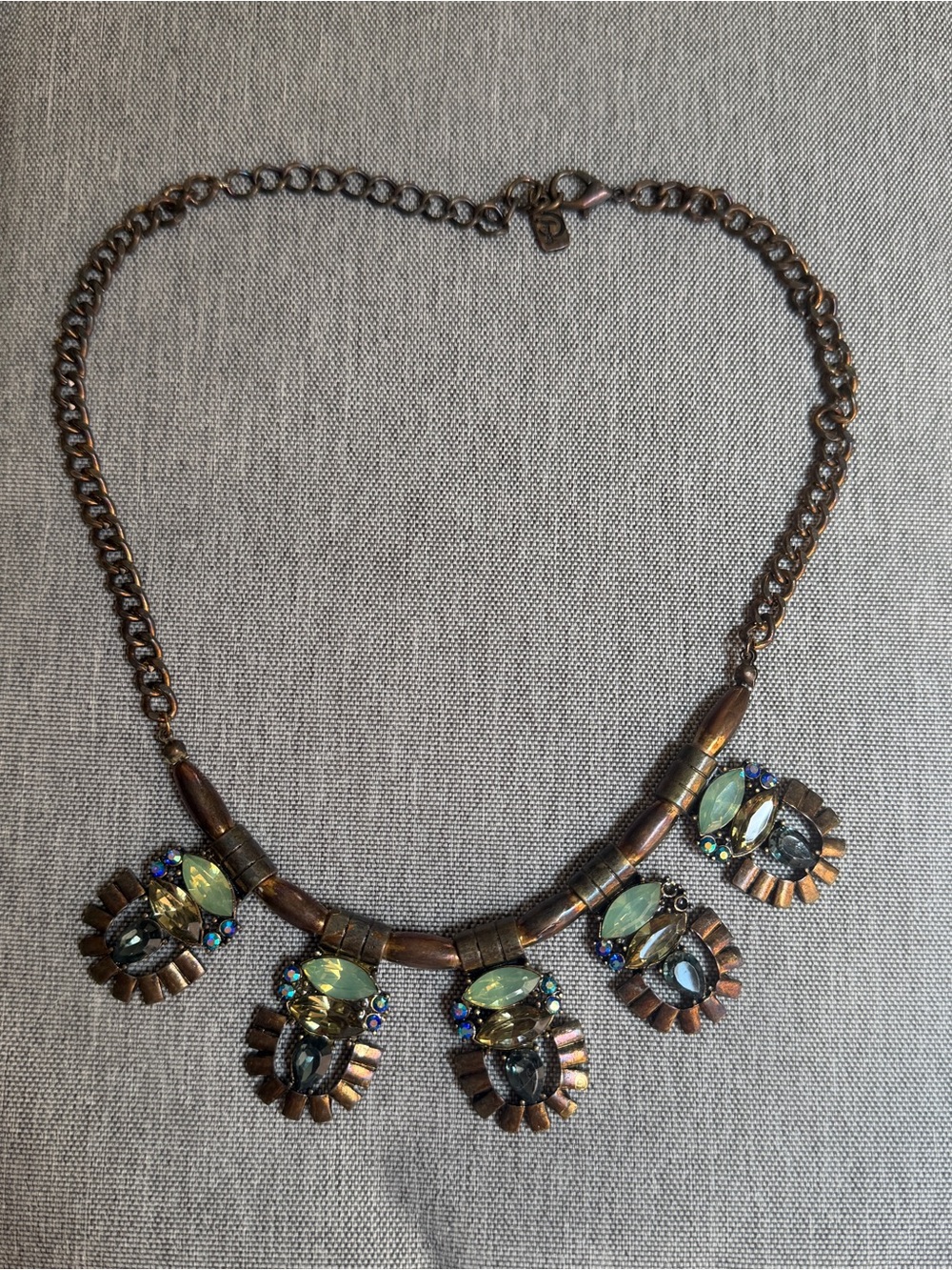 Antique Brass Statement Necklace with Green and Blue Gem Accents